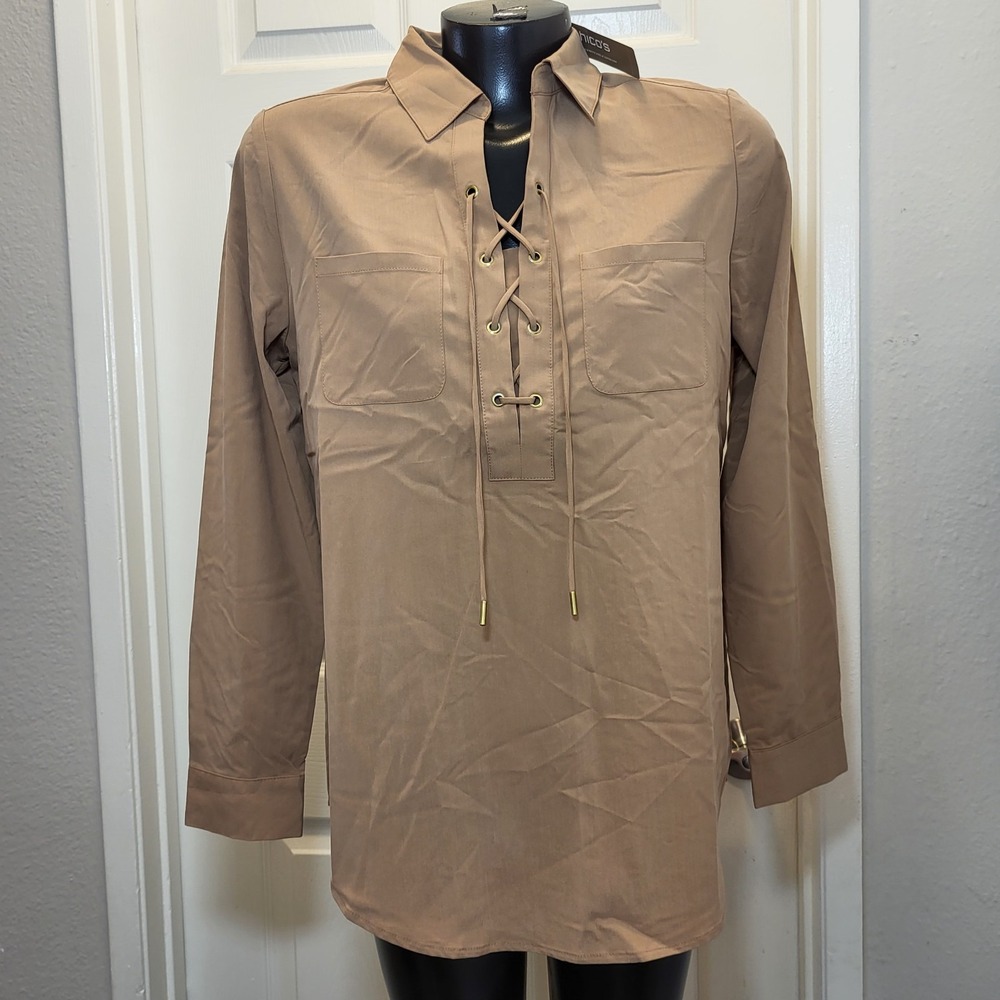 New! Chico's Size 0 Copper Brown Silky Soft‎ Lace Up LS Tunic Shirt $79.50